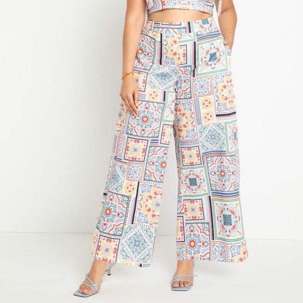 Eloquii Women’s Boho Mosaic Print Cotton Wide Leg Cropped Pull On Pants‎ Sz 20